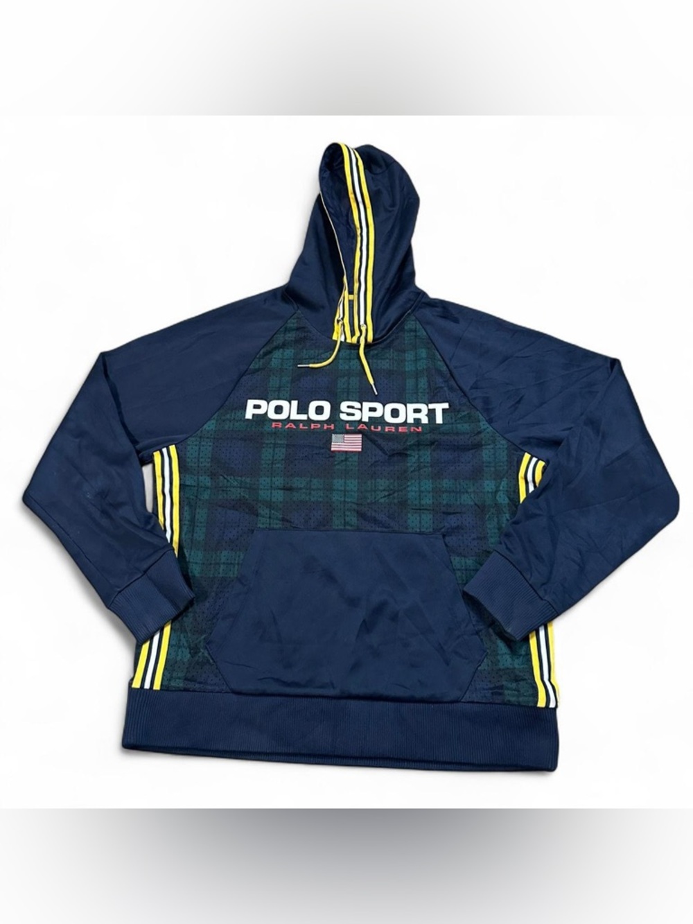 Ralph‎ Lauren Polo Sport Navy Tartan Plaid Center Logo Hoodie Size Large